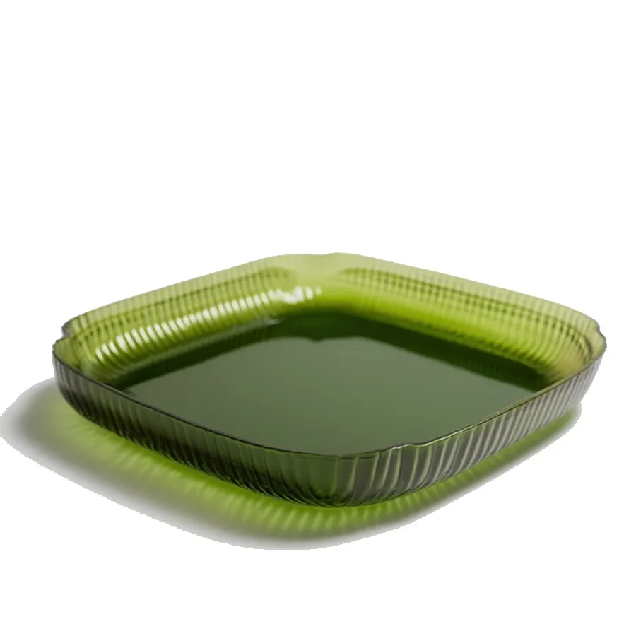 Emerald Ribbed Glass Square Serving Tray